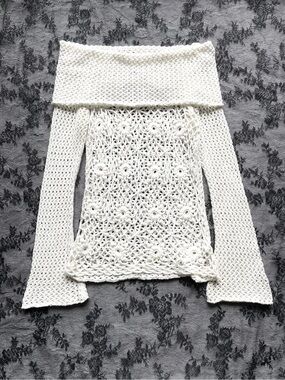 White Off-the-Shoulder Crochet Sweater